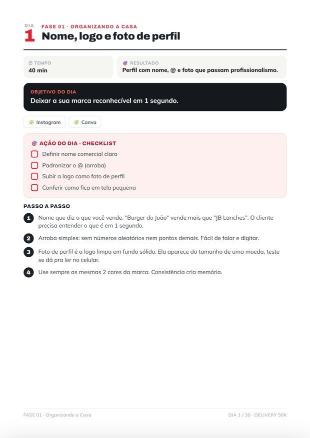 Página de um dia com objetivo, checklist e passo a passo